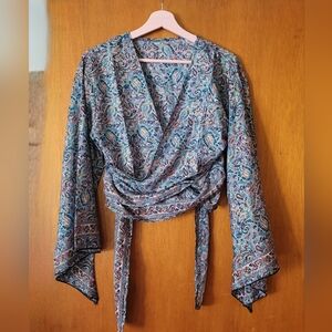 Paisley Wrap Blouse with Bell Sleeves